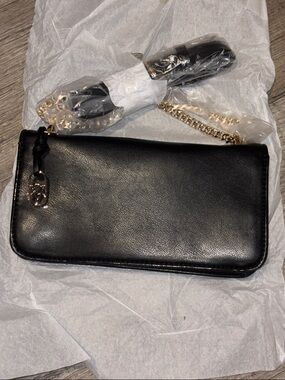 Victoria Secret Black Leather Crossbody Wallet Purse - Gold Chain